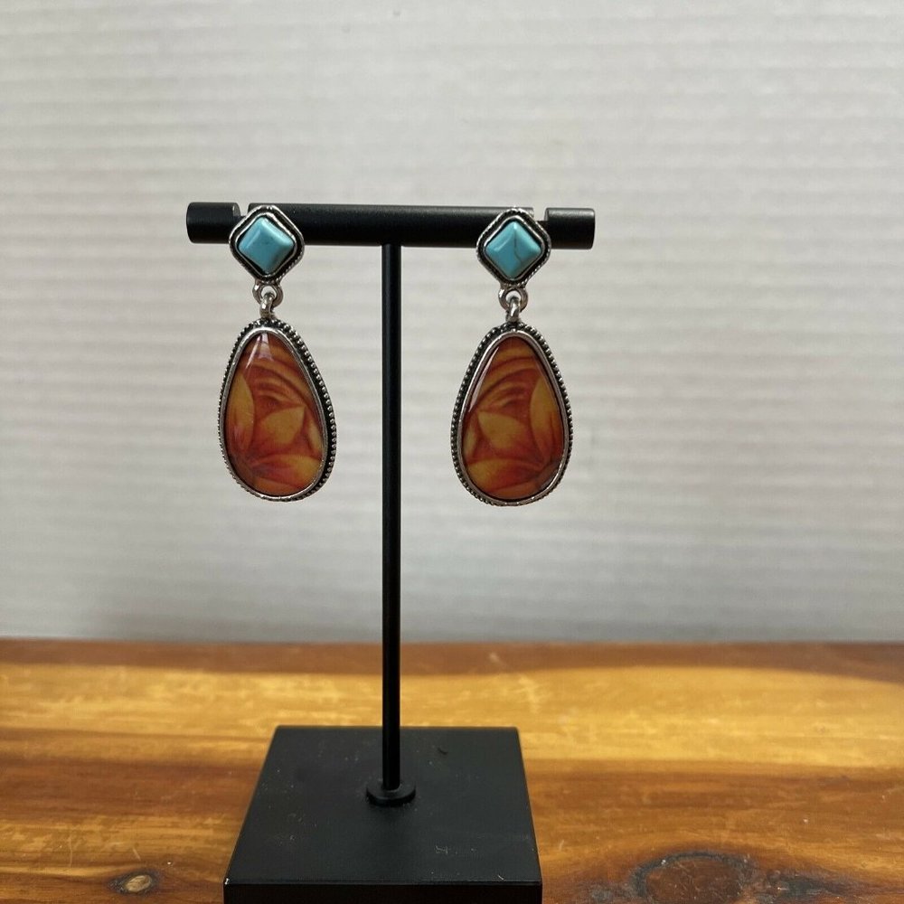 NWOT Womens Earrings Dangle drop post Blue & orange floral‎ teardrop